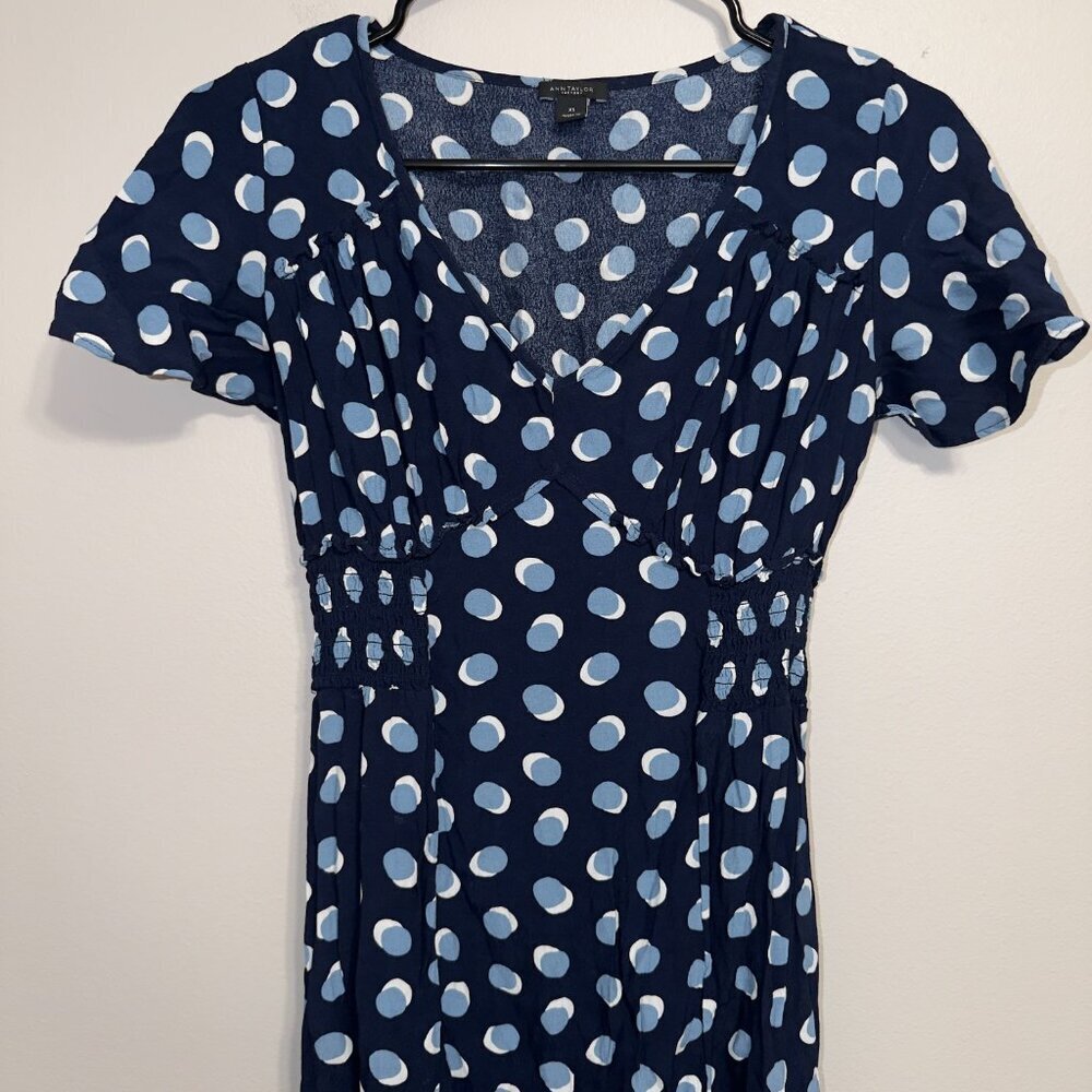 Ann Taylor XS Navy Polka Dot Midi Dress Short Sleeve - Picture 3 of 7